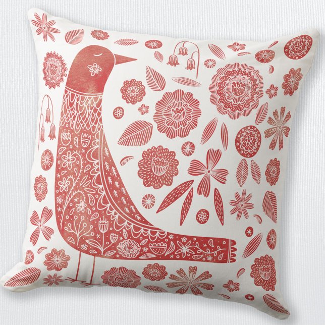 Cojín Decorativo Bird Scandinaviavia Red White (Red and white folk art Scandinavian bird and flower throw pillow)