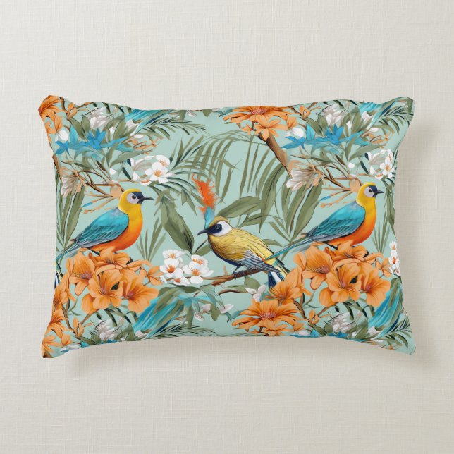 Cojín Decorativo Birds Chinoiserie Mint Naranja (Anverso)