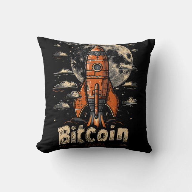Cojín Decorativo Bitcoin and Rocket to the Moon Crypto Design (Anverso)