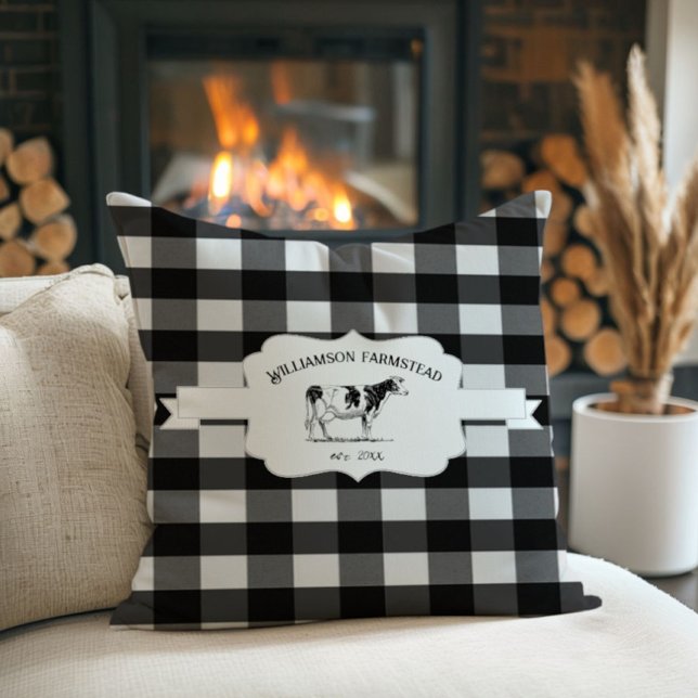 Cojín decorativo Black Buffalo Plaid Farm Cow (Black Buffalo Plaid Farm Cow Throw Pillow)