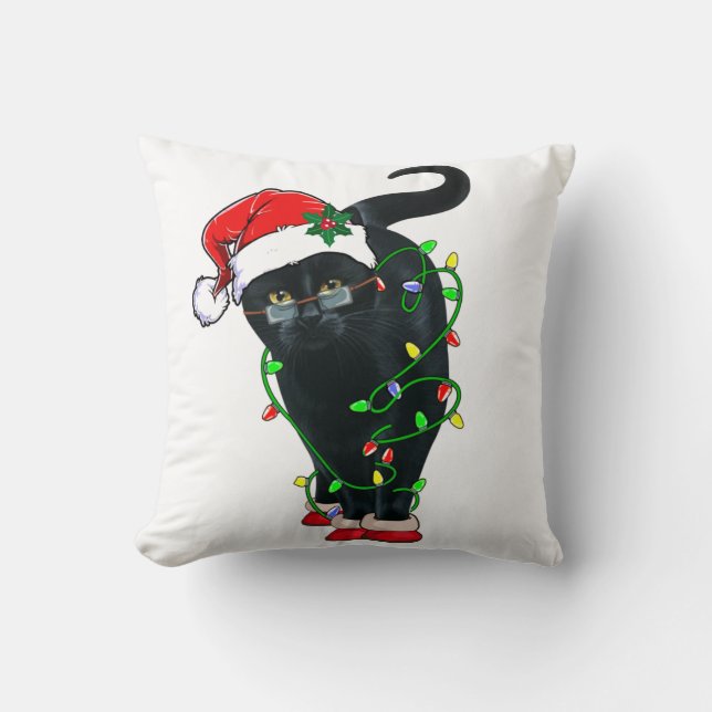 Cojín Decorativo Black Cat Santa Tangled Up In Christmas Lights (Anverso)