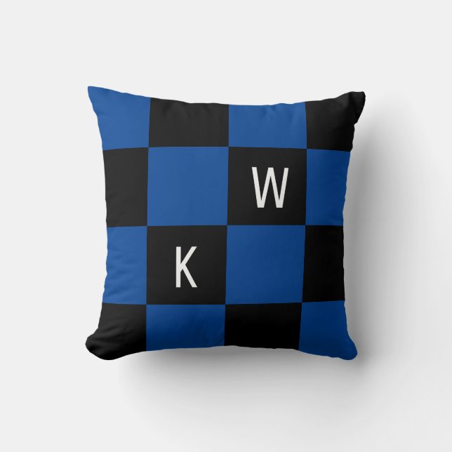 Cojín Decorativo Black Check moderno monograma azul (Anverso)