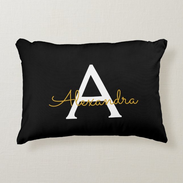 Cojín Decorativo Black Gold Modern Script Girly Monograma Nombre (Anverso)