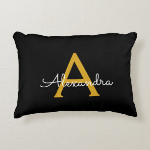 Cojín Decorativo Black Gold Modern Script Girly Monograma Nombre