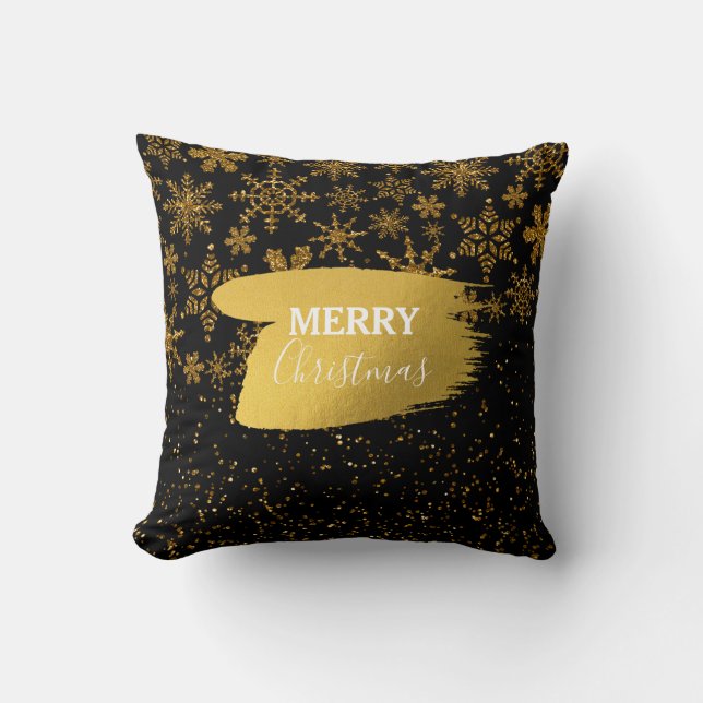 Cojín Decorativo Black & Gold Snowflakes Stars Feliz Navidad (Anverso)