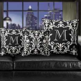 Cojín Decorativo Black & White Damask Floral Swirls Monogram