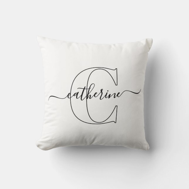 Cojín Decorativo Black White Name Monogram Modern Script Minimalist (Anverso)