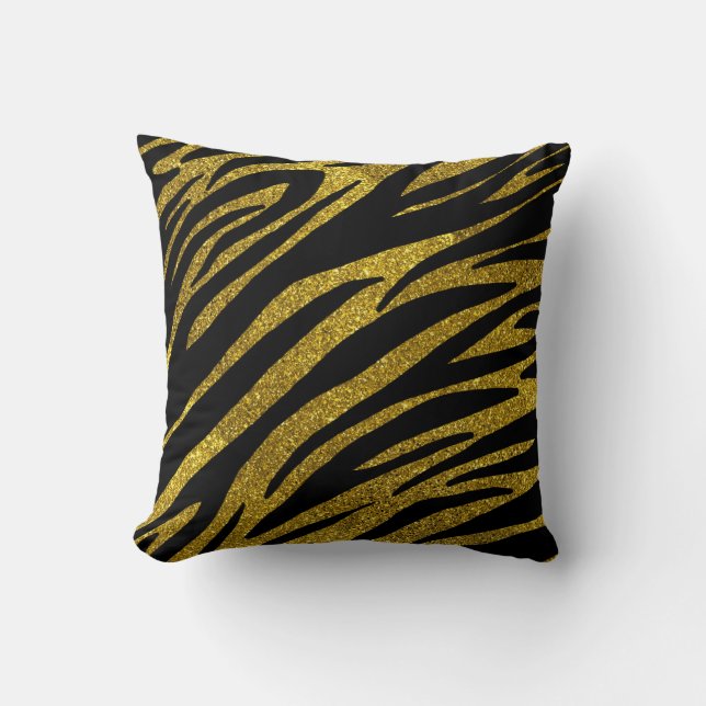 Cojín Decorativo Black Zebra Stripes & Faux Gold Purpurina (Anverso)