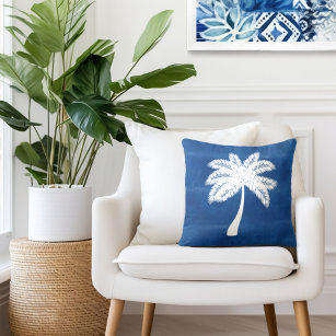 Cojín Decorativo Blanco azul del árbol de palmas tropical