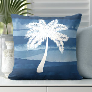 Cojín Decorativo Blanco azul del árbol de palmas tropical