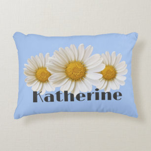 Cojín Decorativo Blanco Daisies Nombre personalizado Azul