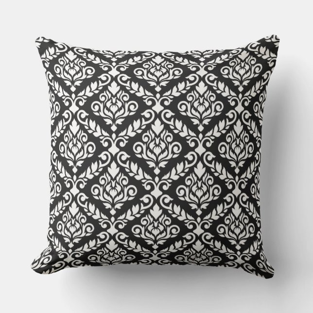 Cojín Decorativo Blanco del modelo del damasco de Prima en negro (Anverso)