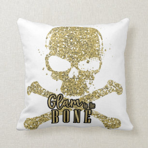Cojín Decorativo Blanco Glam hasta el hueso Cráneo con brillo dorad