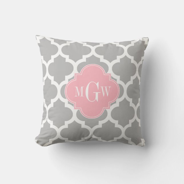 Cojín Decorativo Blanco Gris Marroquí #5 Rosa 3 Monograma inicial (Anverso)