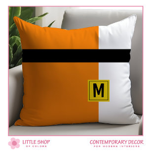 Cojín Decorativo Blanco Moderno Naranja Bloque de Color Monograma