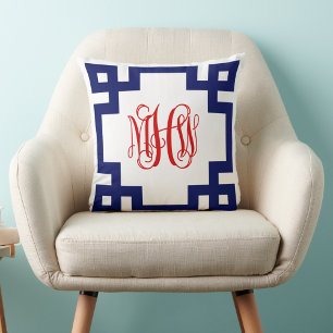 Cojín Decorativo Blanco Navy Rojo Llave Griega Vid Monograma Hacer