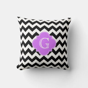 Cojín Decorativo Blanco Negro Chevron Lilac Monograma Cuatrefoil