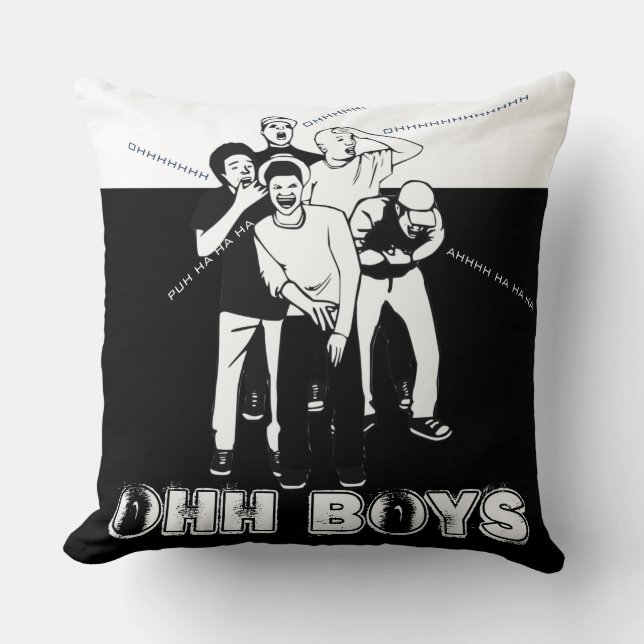 Cojín Decorativo blanco negro OHH BOYS Crack Up Laughing (Anverso)