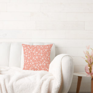 Cojín Decorativo Blanco sobre coral   Patrón de estrellas de impres