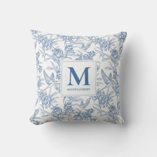 Cojín Decorativo Blanco Toile de Jouy Floral Vintage Monograma Fran