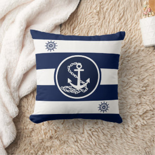 Cojín Decorativo Blanco y azul marítimo, anclaje y rueda del barco