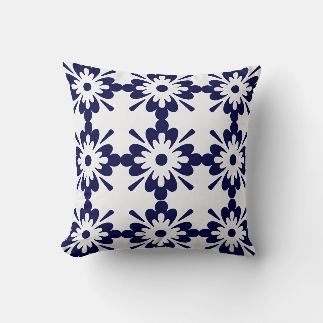 Cojín Decorativo Blanco y azul | Patrón geométrico | Estilo Hampton (Anverso)