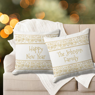 Cojín Decorativo Blanco y Dorado Glam Feliz Año Nuevo