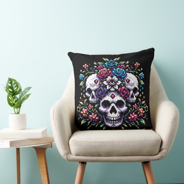 Cojín Decorativo Bloom gótico - Mítico Skull Pixel Art (Silla)