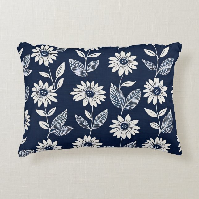Cojín Decorativo Bloqueo de impresión boho azul y blanco floral (Anverso)