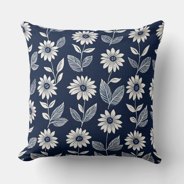 Cojín Decorativo Bloqueo de impresión boho azul y blanco floral (Anverso)