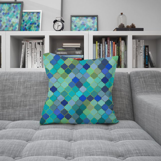 Cojín Decorativo Blue Aqua Moroccan Mosaic Pattern (Blue Aqua Moroccan Mosaic Pattern Throw Pillow by Looly Elzayat)