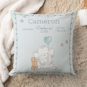 Cojín Decorativo Blue Baby Boy Elephant Nombre personalizado Keepsa