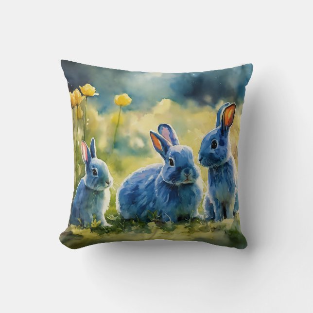 Cojín Decorativo Blue Bunny Garden: Pillow estilo acuarela (Anverso)