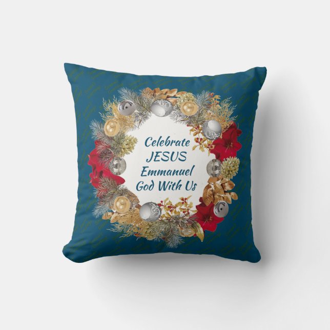 Cojín Decorativo Blue CELEBRATE JESUS Navidades Wreath (Anverso)