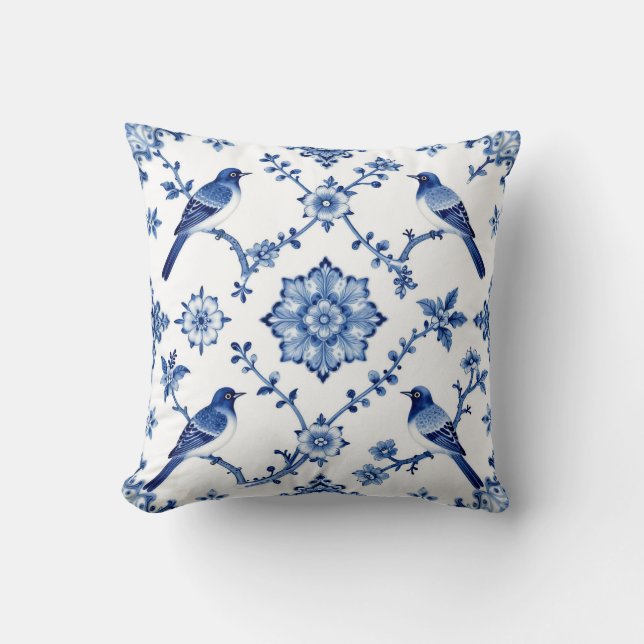 Cojín Decorativo Blue Chinoiserie Bird Floral Pattern (Anverso)