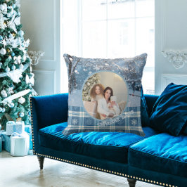 Cojín Decorativo Blue Cozy Plaid Snowy Winter Photo Christmas