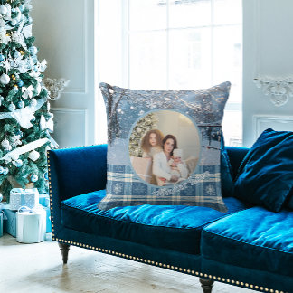 Cojín Decorativo Blue Cozy Plaid Snowy Winter Photo Christmas