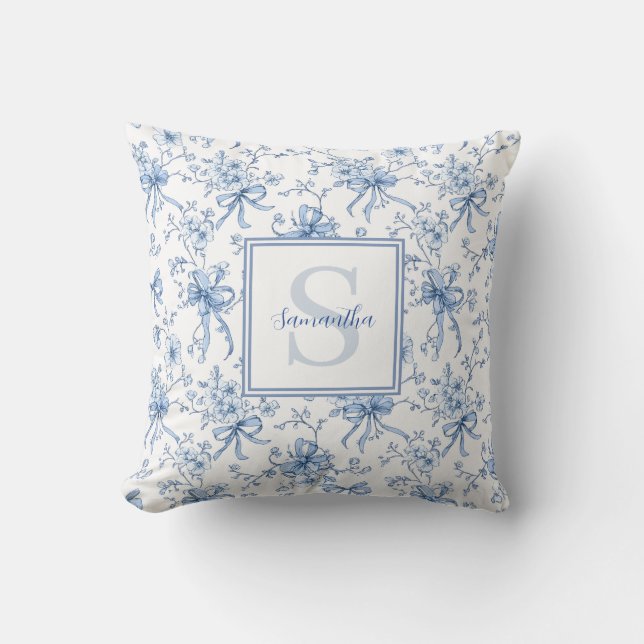Cojín Decorativo Blue Floral French Toile Monogram Name (Anverso)