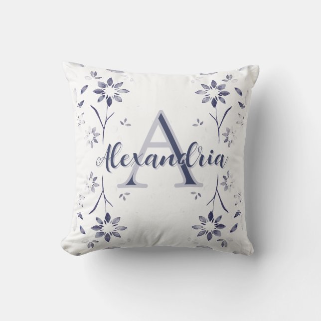 Cojín Decorativo Blue Floral Personalized Monogram Name (Anverso)