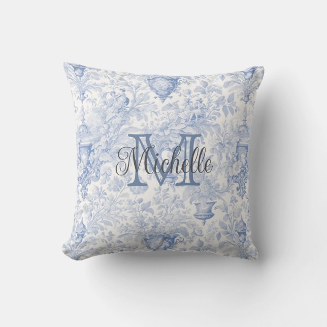 Cojín Decorativo Blue French Toile de Jouy Monograma Nombre inicial (Anverso)