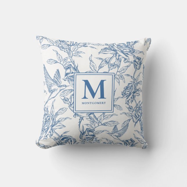 Cojín Decorativo Blue French Toile Monogram Name (Anverso)