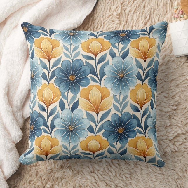 Cojín Decorativo Blue & Gold Floral Throw Pillow (Manta)