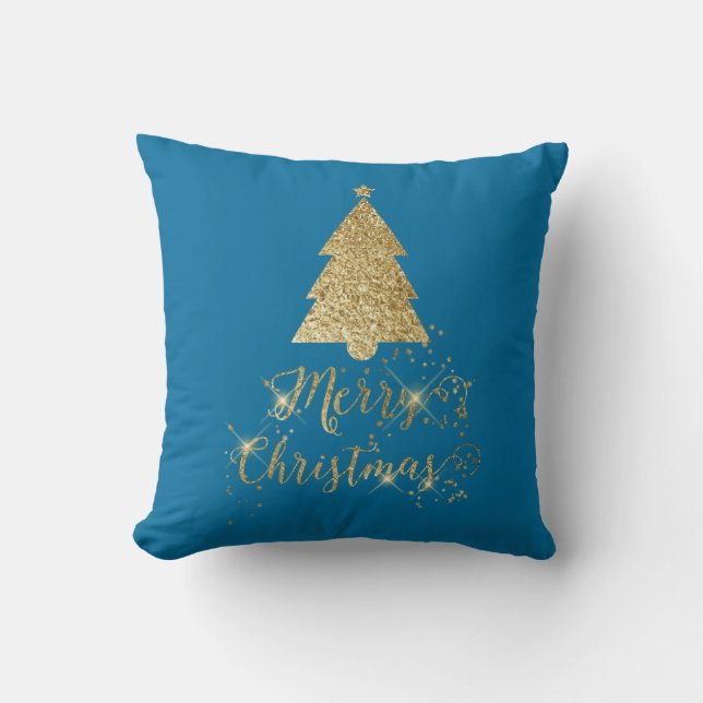 Cojín Decorativo Blue Gold Sparkle Merry Christmas Tree (Anverso)