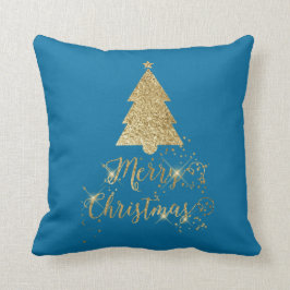 Cojín Decorativo Blue Gold Sparkle Merry Christmas Tree