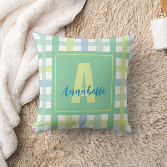 Cojín Decorativo Blue Green Lime Pastel Modern Gingham Monograma (Manta)