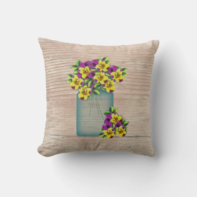 Cojín Decorativo Blue Mason Jar Pansies Pillow (Anverso)