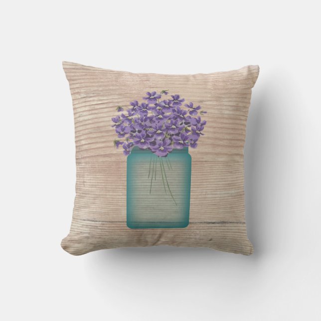 Cojín Decorativo Blue Mason Jar Violets Pillow (Anverso)
