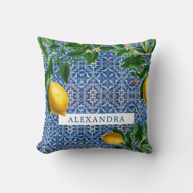 Cojín Decorativo Blue Mediterranean Tiles Lemons Moda moderna (Anverso)