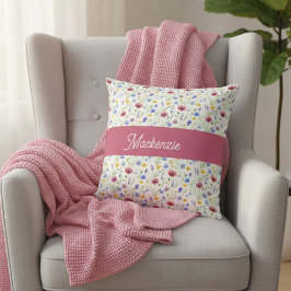 Cojín Decorativo Blue Pink Wildflower Botanical Monogram Name