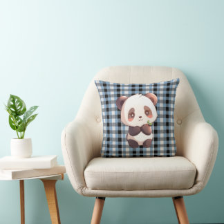 Cojín Decorativo Blue Plaid Panda Throw Pillow
